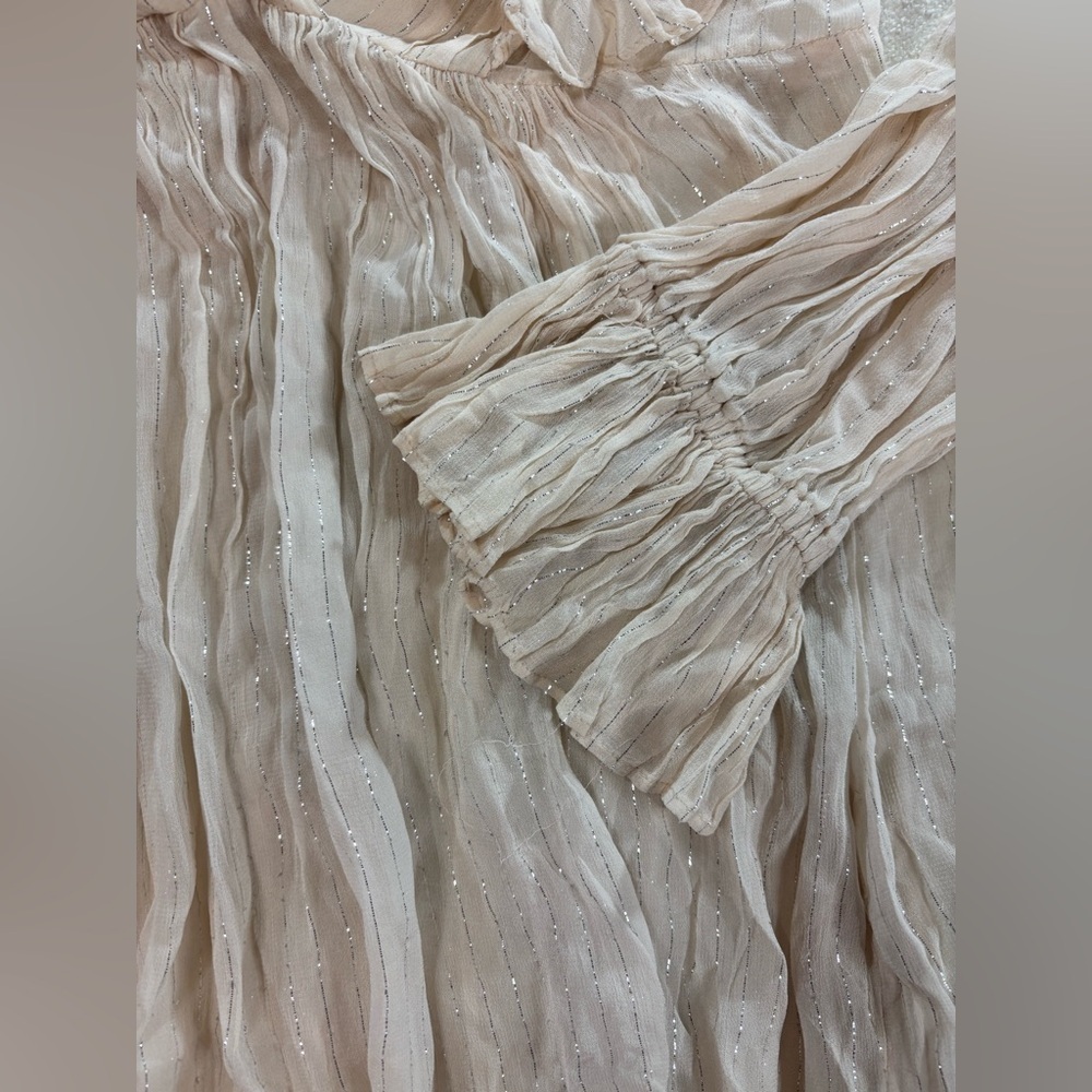 Maeve Anthropologie Sheer Ruffle Blouse Size 10 Cream Metallic Stripe Boho Top - Picture 6 of 7
